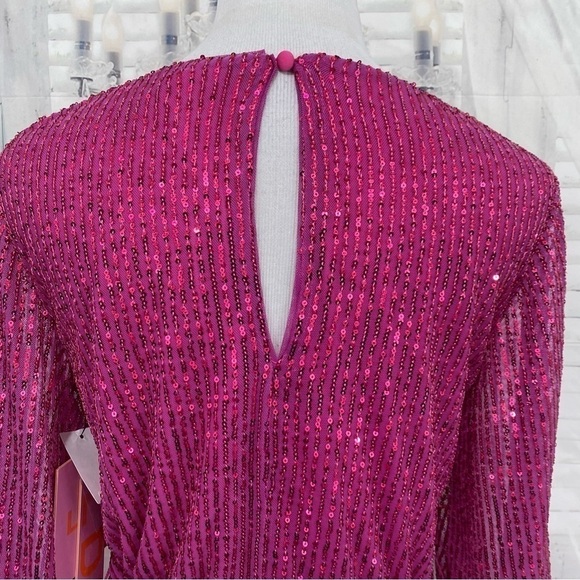 LDT Size 6 Pink Sequined Long Sleeve Short Dress Belted Pockets Cocktail A-Line - Picture 13 of 16